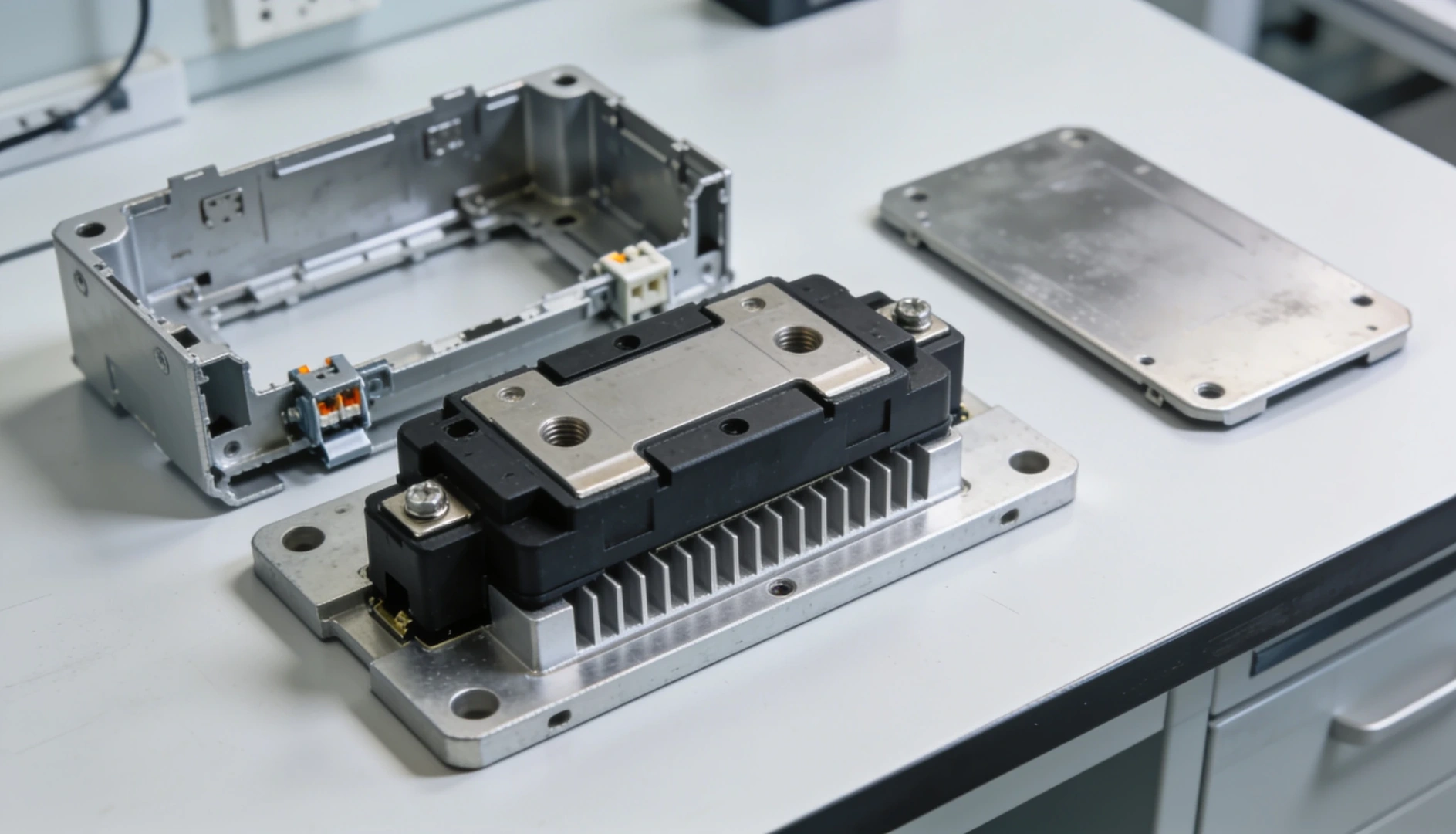 Готовый силовой модуль IGBT или SiC отводит тепло с кристаллов через керамическую подложку DBC к основанию модуля.